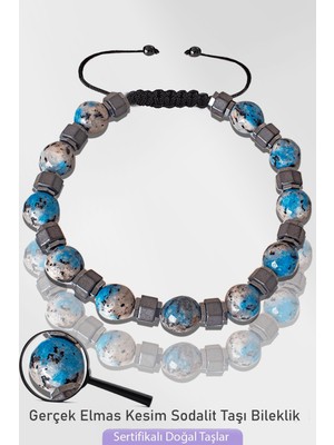 Tesbih Atölyesi Sertifikalı Silver Hematitli Fasetli Sodalit Taşı Bileklik - Ayarlamalı