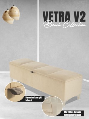 Gazzini Furniture Vetra V2 Sandıklı Puf Krem Dilimli Model Sandıklı Puf Bench Sandıklı Yatak Ucu Bankı