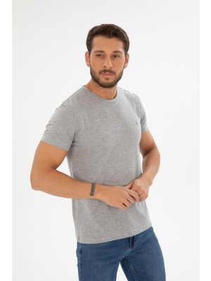 Four Man Erkek Gri Bisiklet Yaka Pamuklu Relaxed Fit T-Shirt