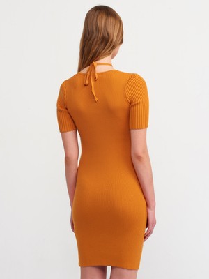 Dilvin 90130 Önü Metal Bağcıklı Triko Elbise-Y.turuncu