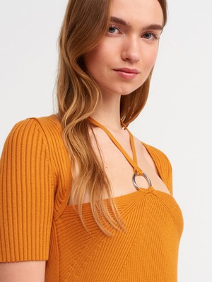Dilvin 90130 Önü Metal Bağcıklı Triko Elbise-Y.turuncu