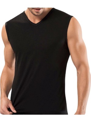 Maruf Shop Erkek Sıfır Kol V Yaka Slimfit Likralı Düz Tişört Siyah