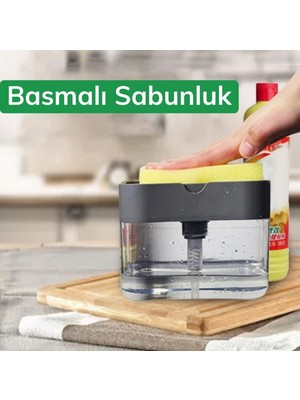 Hane216 Pompalı Sünger Hazneli Sıvı Sabunluk Basmalı Bulaşık Deterjanlığı ve Sünger