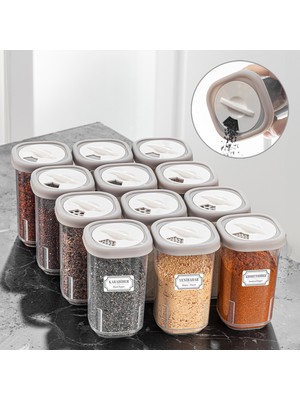Meleni Home 12'li Etiketli ve Kilitlenebilir Hava Almaz Kapaklı Baharatlık Seti-Baharatlık Saklama Kabı Bej