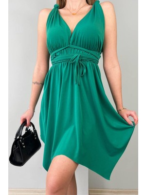 Mossta Asimetrik Kesim Düğüm Detaylı Elbise Yeşil