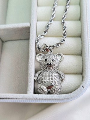 Eva Takı Teddy Ayı Figürlü Zirkon Taşlı Burgu Zincir Çelik Silver Renkli Kolye