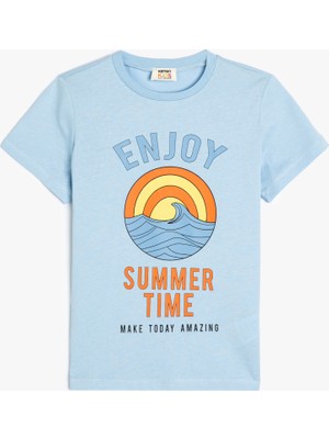 Koton Tişört Yaz Temalı Kısa Kollu Bisiklet Yaka Pamuklu