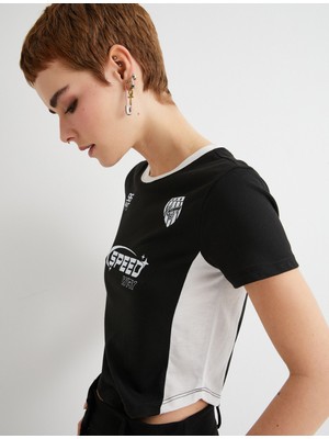 Koton Crop Tişört Renk Bloklu Kısa Kollu Bisiklet Yaka