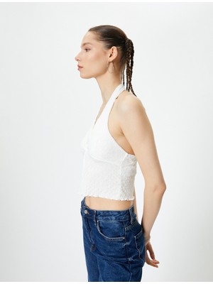 Koton Crop Üst Sırt Dekolteli Boyundan Kalın Askılı Dokulu Derin V Yaka