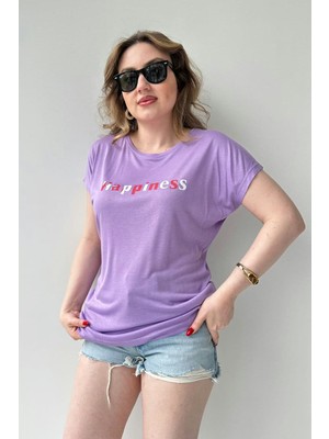 Mazi Butik Happiness T-Shirt Mor