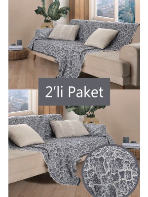 Miracolo Home Pratik Optimal Kaymaz Tasarım 180X220 cm Mermer Desen Koltuk Örtü Önden Saçaklı-2 Li Set-Siyah