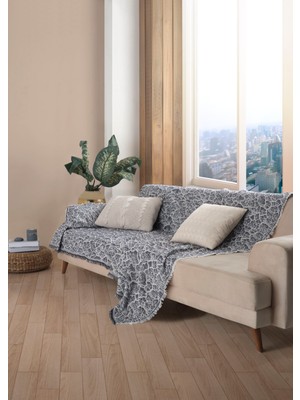 Miracolo Home Pratik Optimal Kaymaz Tasarım 180X220 cm Mermer Desen Koltuk Örtü Önden Saçaklı-2 Li Set-Siyah