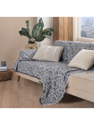 Miracolo Home Pratik Optimal Kaymaz Tasarım 180X220 cm Mermer Desen Koltuk Örtü Önden Saçaklı-2 Li Set-Siyah