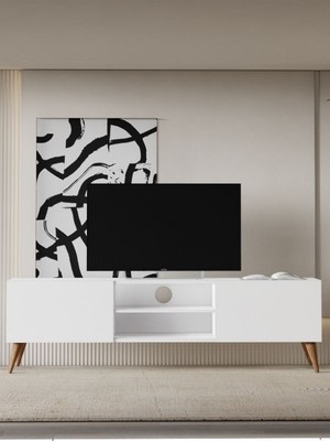 Regisan Tv Ünitesi Tv Sehpası Televizyon Sehpası Masası 140X30 cm Beyaz (Venezia Konik Ayak)
