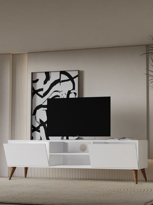 Regisan Tv Ünitesi Tv Sehpası Televizyon Sehpası Masası 140X30 cm Beyaz (Venezia Konik Ayak)