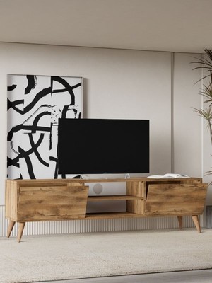 Regisan Tv Ünitesi Tv Sehpası Televizyon Sehpası Masası 140X30 cm Atlantik Çam (Venezia Konik Ayak)