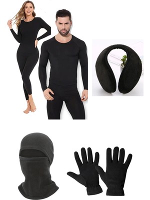 Belifanti Collection Unisex Termal Içlik Alt Üst Takım Polar Maske Polar Eldiven Polar Kulaklık Set Siyah