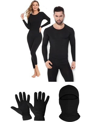 Belifanti Collection Unisex Termal Içlik Alt Üst Takım Termal Maske Polar Eldiven Set Siyah