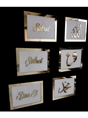 Dekor Treni 3d Sabret Şükret Dua Et Allah Muhammed Vav 6'Lı Tablo Set (20 x 13) Gold / Beyaz