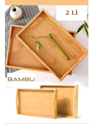 Mehay Home 2'li Kulplu Bambu Ahşap Dikdörtgen Çay Kahve Servis Lüx Sunum Tepsi 33CM&40CM