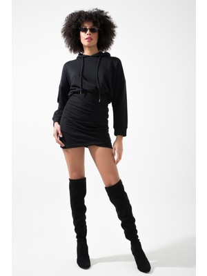 MuuBs Trend Kapüşonlu Beli Lastikli Drapeli Mini Sweat Elbise Hb