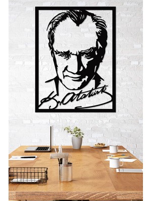 Gowpenart Dizayn Çerçeveli Atatürk Portresi Imzalı Dekoratif Siyah Metal Duvar Tablosu Ev & Ofis Dekoru