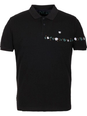 Ncs Jeans Erkek Polo Yaka Tişört Siyah  Pamuk Slim Fit Ribanalı Kol Nakışlı T-Shirt Ncs Jeans 1169