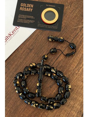 Tesbihkenti Yenilebilir Sertifikalı Altın Parçacıklı Sıkma Kehribar Tesbih