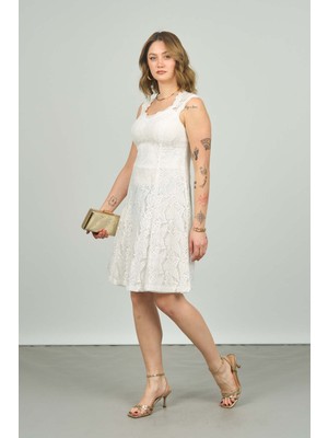 Escoll Kadın Dantelli Sırt Detaylı Abiye Elbise 1129 Ekru