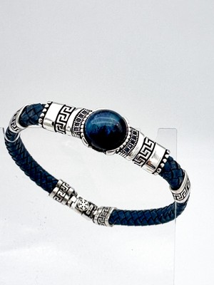 Inure Jewelry Mavi Kaplan Gözü Hakiki Deri 925 Ayar Gümüş Erkek Bileklik