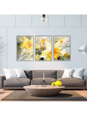 Gaagart 3'lü Metal Çerçeveli Cam Tablo Seti Sarı Nergis Çiçeği