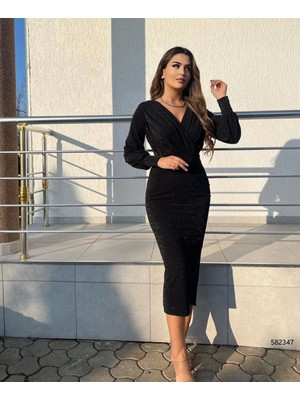 Bana Bi Giysi Kadın Uzun Kollu Kruvaze Yaka Büzgü ve Balon Kol Detay Simli Krep Kumaş Maxi Boy Elbise