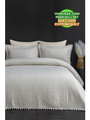 Evlen Home Collection Kapitone Ponponlu Çift Kişilik %100 Pamuk Yatak Örtüsü ( Pike ) Takımı Krem