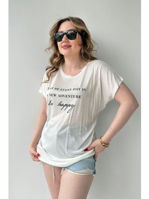 Mazi Butik Be Happy T-Shirt Beyaz