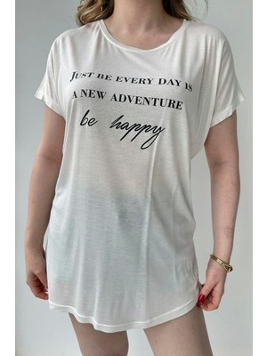 Mazi Butik Be Happy T-Shirt Beyaz