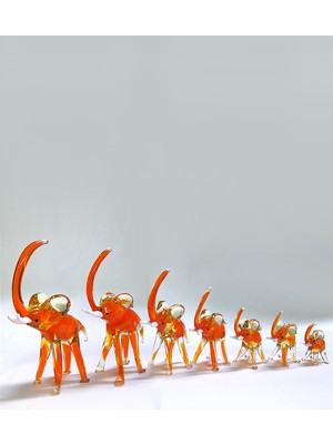 Cam Sanatı Fil Takımı 7 Li Turuncu Renk 3-12 cm Küçükten Büyüğe