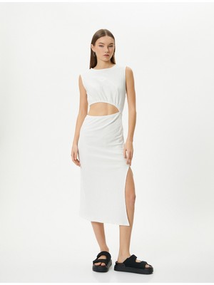 Koton Pencere Detaylı Midi Elbise Kolsuz Yuvarlak Yaka Yırtmaç Detaylı