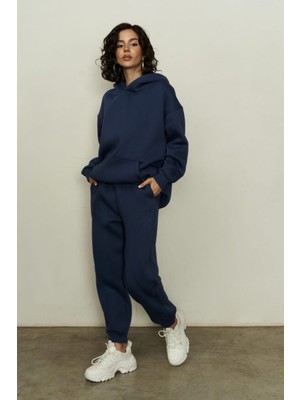 Yakamel Kadın Lacivert 3iplik Oversize Eşofman Takımı