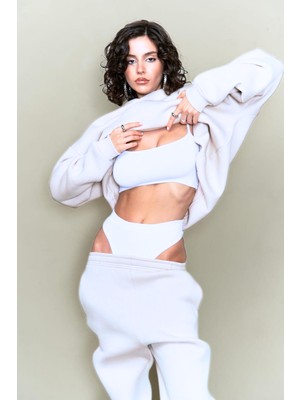 Yakamel Kadın Beyaz 3iplik Oversize Eşofman Takımı