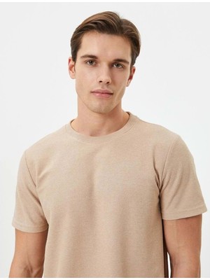 Koton Kısa Kollu Tişört Bisiklet Yaka Dokulu - Koton - 4SAM10279HK - Bej - M