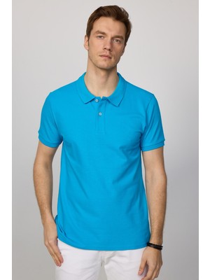 Tudors Erkek Slim Fit Dar Kesim  Pamuk Düz Pike Mavi Polo Yaka Tişört