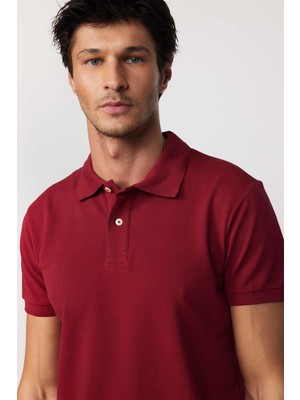 Tudors Erkek Slim Fit Dar Kesim  Pamuk Düz Pike Bordo Polo Yaka Tişört