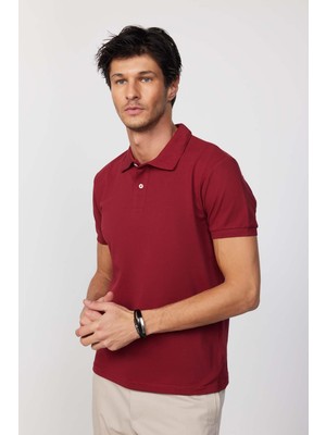 Tudors Erkek Slim Fit Dar Kesim  Pamuk Düz Pike Bordo Polo Yaka Tişört