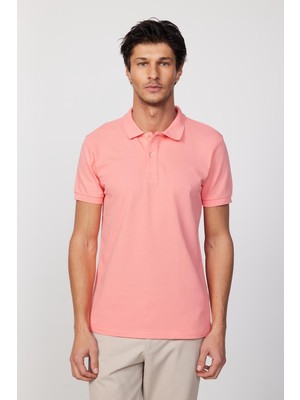 Tudors Erkek Slim Fit Dar Kesim  Pamuk Düz Pike Pembe Polo Yaka Tişört