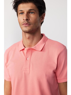 Tudors Erkek Slim Fit Dar Kesim  Pamuk Düz Pike Pembe Polo Yaka Tişört