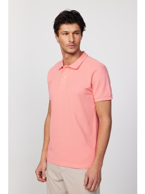 Tudors Erkek Slim Fit Dar Kesim  Pamuk Düz Pike Pembe Polo Yaka Tişört