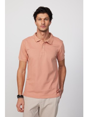 Tudors Erkek Slim Fit Dar Kesim  Pamuk Düz Pike Somon Renk Polo Yaka Tişört