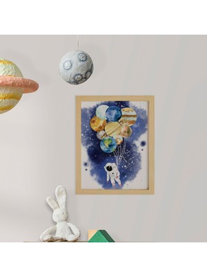 Ayışığı Dizayn Çocuk & Bebek Odası Astronot-Gezegen Temalı Ahşap Çerçeveli Poster Tekli Dekor Duvar Tablo Seti