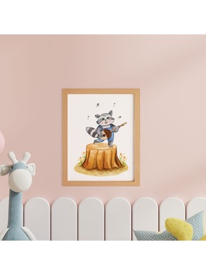 Ayışığı Dizayn Çocuk & Bebek Odası Singing Raccoon-Şarkı Rakun Ahşap Çerçeveli Poster Tekli Dekor Duvar Tablo Seti