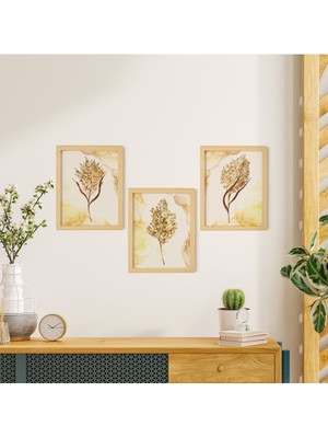 Ayışığı Dizayn Pampas Doğal Ahşap Çerçeveli 3'lü Tablo Seti